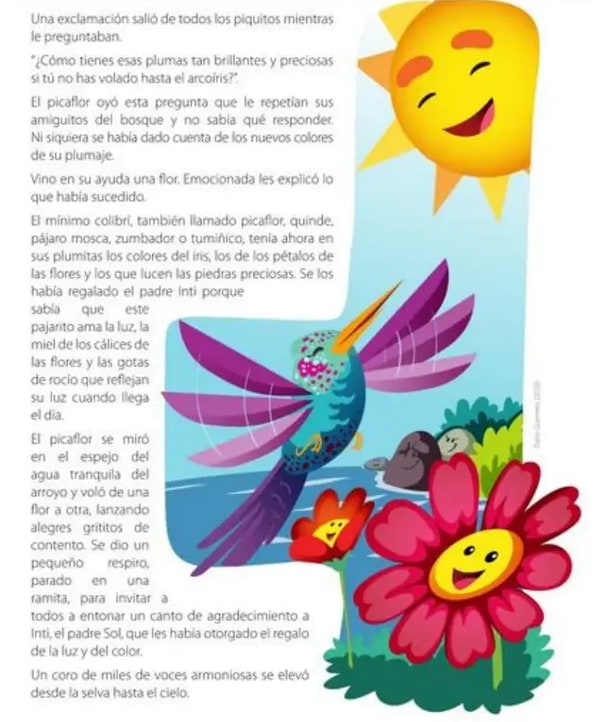 Ilustración del colibrí con plumaje brillante junto a flores y un sol sonriente.