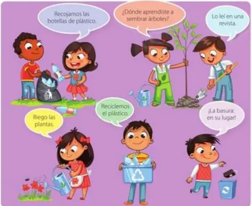 Escena con seis niños: dos recogiendo botellas, dos sembrando un árbol, una niña regando plantas y un niño con un balde de reciclaje.
