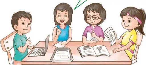 Ilustración de cuatro niños sentados en mesa redonda trabajando en grupo con libros y laptop, representando la preparación colaborativa del debate.