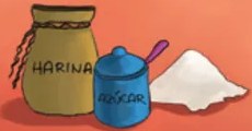 Ilustración de dos niñas andinas (una mayor y una menor) preparando el tanta wawa. La mayor revuelve un bol mientras la menor observa. Al lado hay un frasco de SAL, un cuenco pequeño y otros ingredientes. Las niñas visten ropa tradicional andina con trenzas.