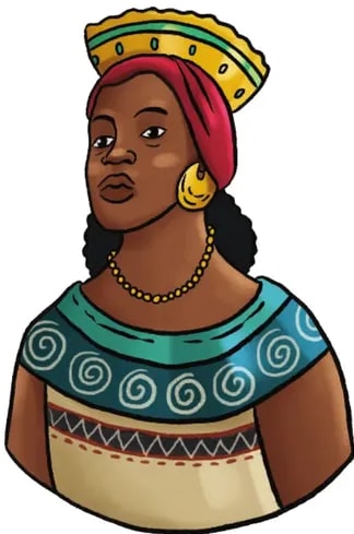 Retrato ilustrado de Nzinga: mujer afro con tocado amarillo y verde, vestimenta verde turquesa con espirales decorativos blancos, collares dorados; mirada digna.