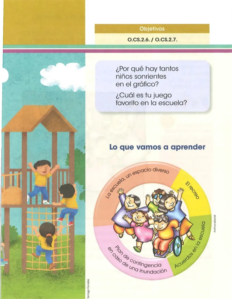 Círculo con cuatro secciones de colores con los temas y grupo de niños diversos.