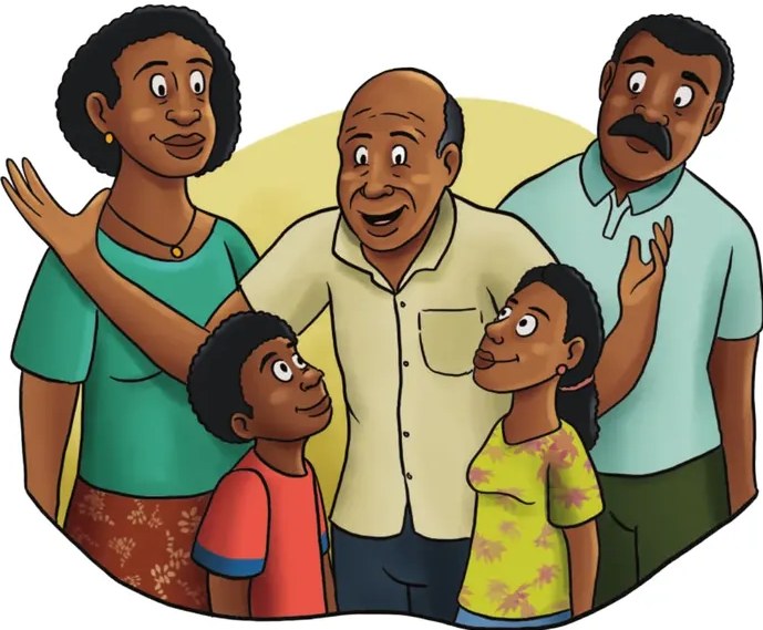 Ilustración a color de una familia afroecuatoriana (padre con bebé, hija pequeña, abuelo o sabio) en una escena cálida que sugiere la transmisión oral entre generaciones.