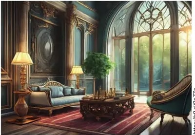 Fotografía realista de una sala de estar elegante con sofá azul, mesa de centro y grandes ventanales.