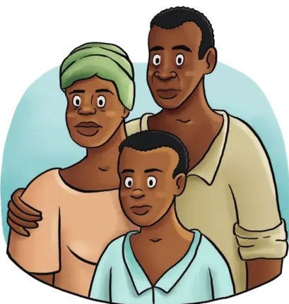 Ilustración de una familia afrodescendiente: mujer con turbante, hombre con sombrero y un niño en el centro, todos abrazados.