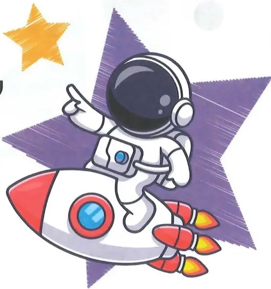 Ilustración de un astronauta con casco y traje espacial flotando, simbolizando exploración y conocimiento.