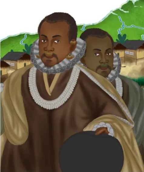 Ilustración de dos líderes afrodescendientes con cuellos blancos y ropa de la época en un paisaje montañoso con un palenque.
