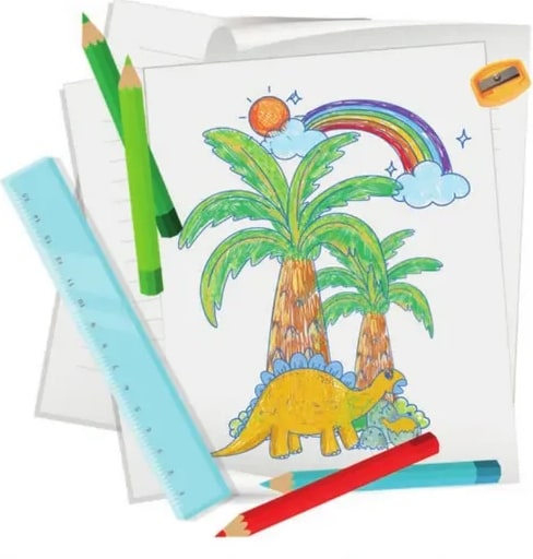 Hoja de cuaderno con un dibujo infantil de palmeras, arcoíris y dinosaurio, junto con lápices, regla y sacapuntas.