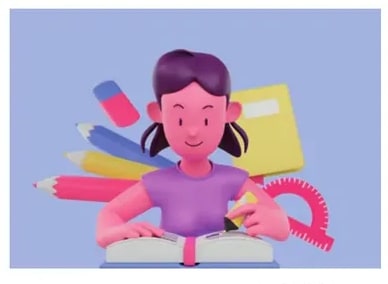 Niña escribiendo en un libro abierto, rodeada de lápices de colores, goma de borrar, regla.