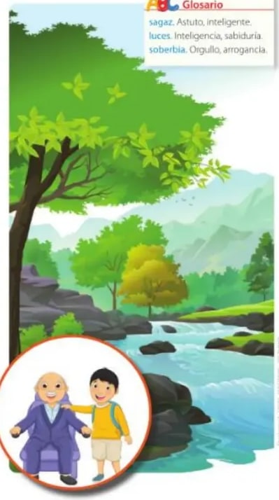 Río en bosque con un abuelo y un niño en círculo.