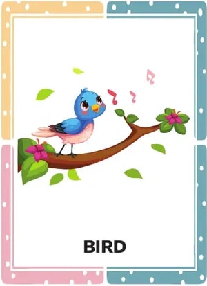 Nueve tarjetas ilustradas con animales, cada una con su nombre.