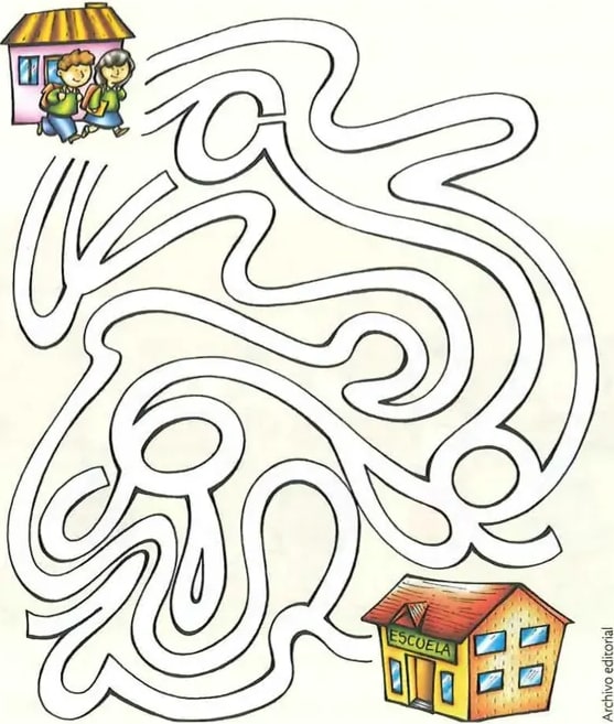 Laberinto con casa y escuela como puntos.