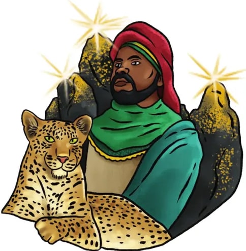 Ilustración de un personaje africano con turbante rojo y vestimenta verde, abrazando a un leopardo dorado y a aves doradas con halos brillantes. Evoca la riqueza, la realeza y la conexión con la naturaleza del imperio Songhai.