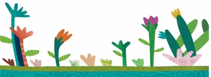 Ilustración decorativa con plantas estilizadas de colores variados (verde, naranja, azul, rosa, teal) emergiendo de una franja de tierra verde y agua turquesa. Estilo collage/papel recortado para público infantil.