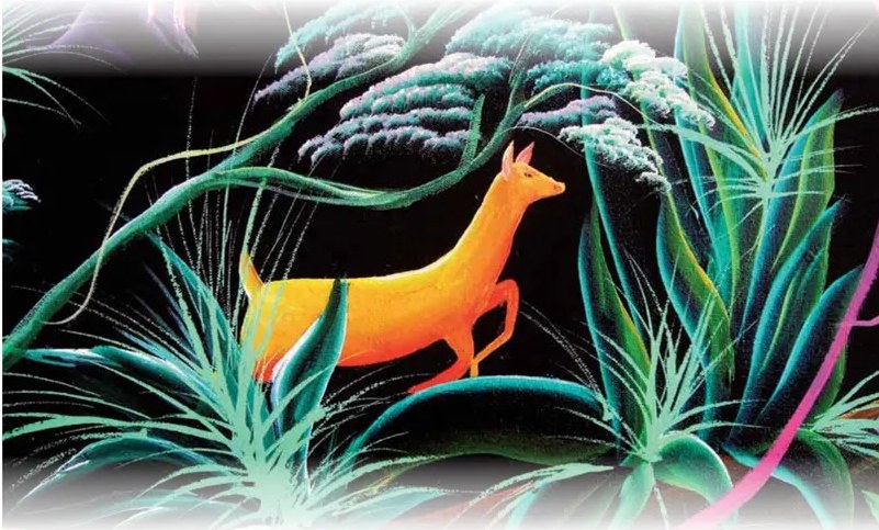 Ilustración de portada: venado naranja-dorado en entorno selvático amazónico con bromelias y vegetación tropical densa sobre fondo oscuro. Estilo pictórico amazónico de Rember Yahuarcani. Título 'Abecedario' en tipografía cursiva magenta y 'Cuento N°25' en tipografía morada.