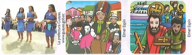 Tres imágenes pequeñas: mujeres afros (prefectura del Guayas), familia indígena con vestimenta tradicional, escena histórica con sacerdote y niño.