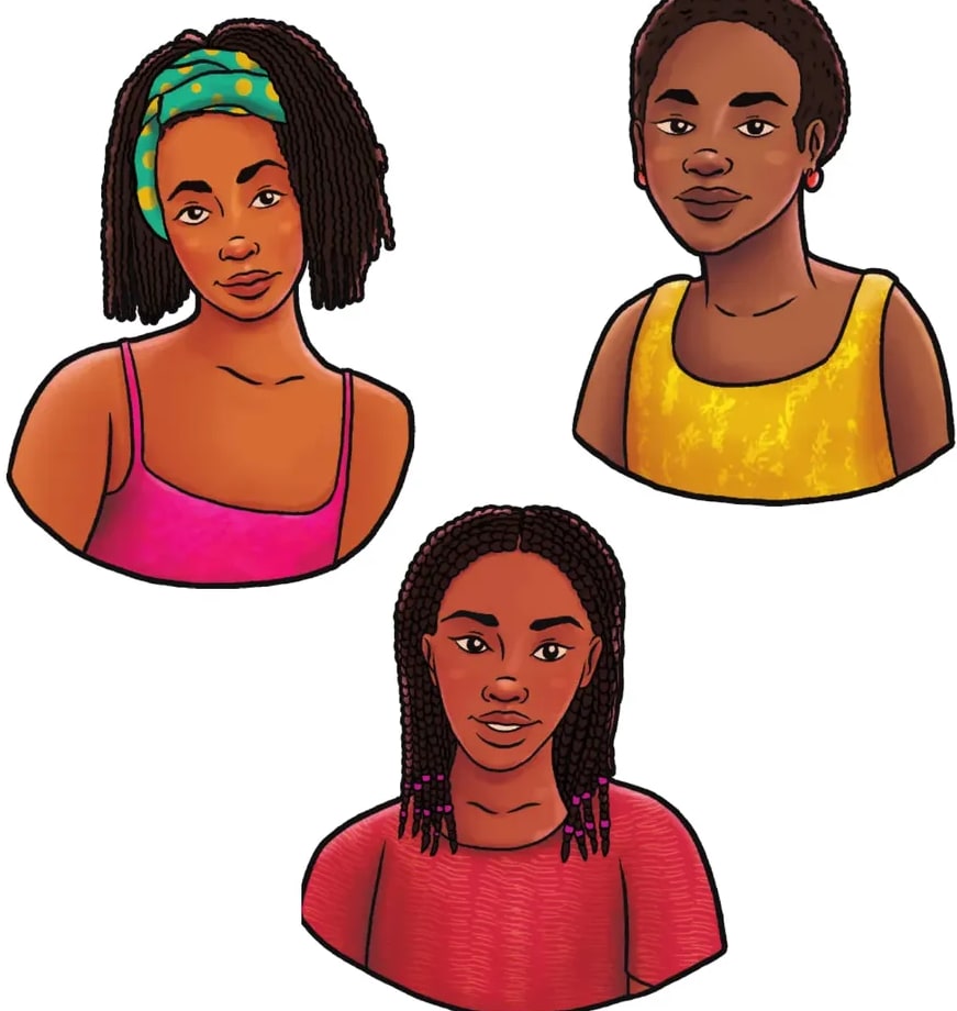 Ilustración de mujer afroecuatoriana con turbante turquesa con lunares amarillos, cabello trenzado, blusa rosa-fucsia.