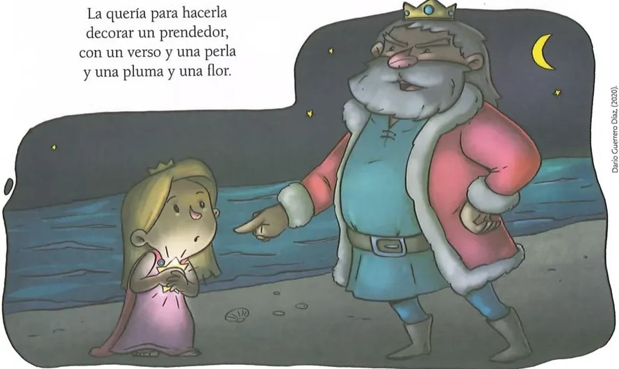 Ilustración a color de una princesa pequeña con vestido rosa y cabello rubio, arrodillada ante un rey grande y barbado con corona dorada, túnica azul y capa gris. Están en una playa de noche con luna creciente amarilla y estrellas en el cielo oscuro. La ilustración acompaña la última sección del poema donde el rey le pregunta a la princesa qué le ha ocurrido. Crédito: Darío Guerrero Díaz (2020).