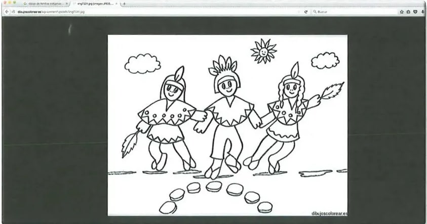 Interfaz web mostrando dibujos de familia indígena/tradicional para colorear
