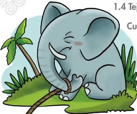 Ilustración de un elefante azul jalando una cuerda en un paisaje con árbol; representa la escena del cuento.