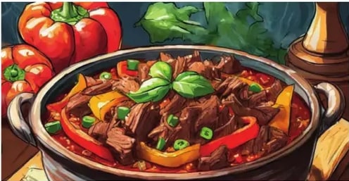Ilustración de una olla con Ropa Vieja: carne desmechada con pimientos rojo, amarillo y verde.