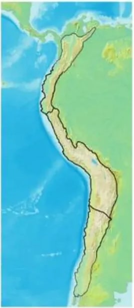 Mapa físico de Sudamérica con las regiones costeras y andinas marcadas.