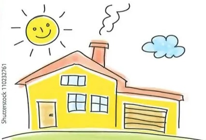 Casita amarilla con sol y nube.