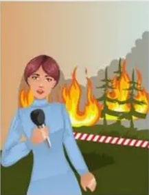 Recorte del diario El Universo con reportera y llamas de incendio.