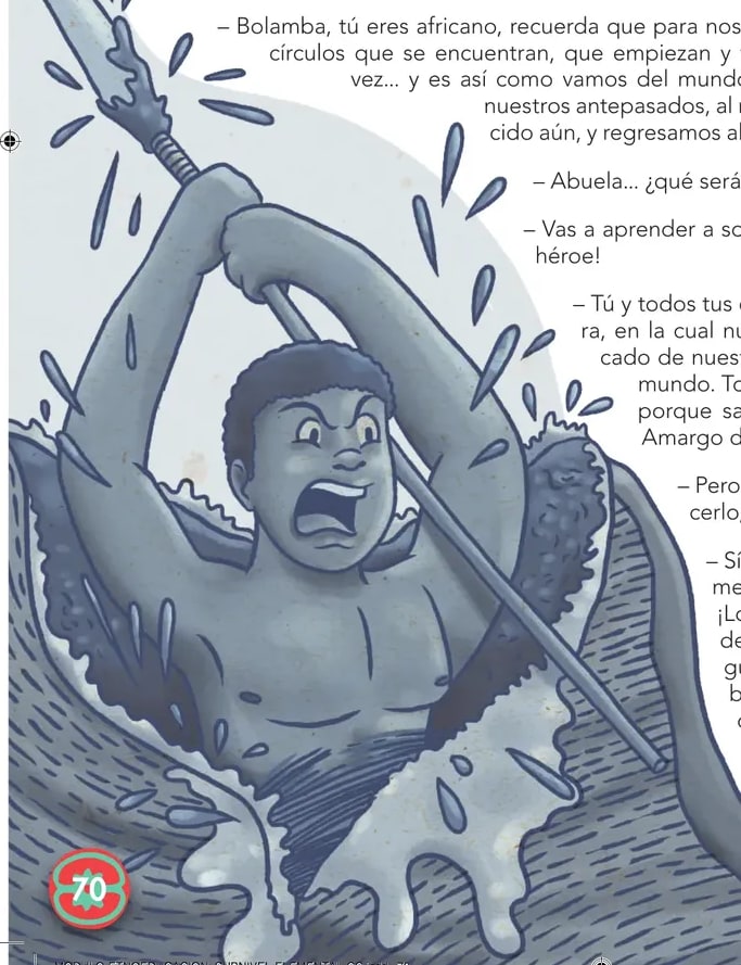Ilustración de una mujer africana con pañoleta roja en la cabeza, sosteniendo en sus brazos varios peces grises. A la izquierda hay un fuego con leña encendida y volutas de humo. La escena evoca la cocina ancestral, la pesca, y la conexión espiritual con la abuela que aparece simbólicamente.