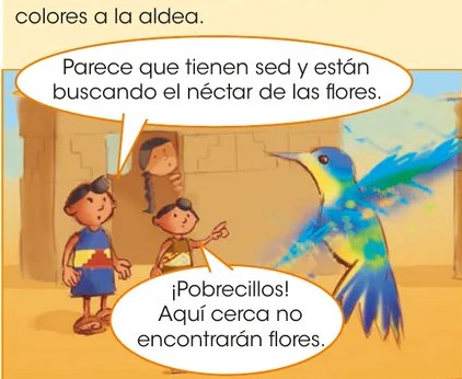Grupo de cuatro o cinco niños dormidos en círculo bajo un árbol huarango (árbol frondoso en zona árida de montaña). Los colibríes vuelan sobre ellos. Atmósfera mágica.