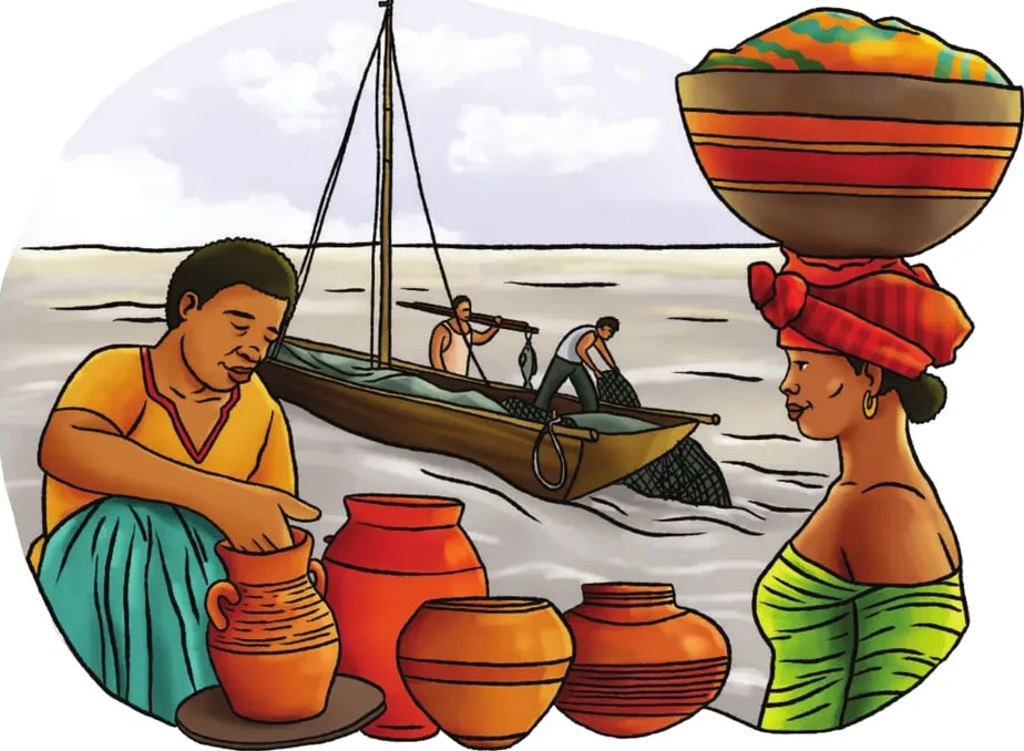 Ilustración de comunidad afroecuatoriana en la costa: hombres en una canoa, una mujer con un canasto de frutas tropicales en la cabeza, palmeras de coco y otra mujer trabajando con utensilios.