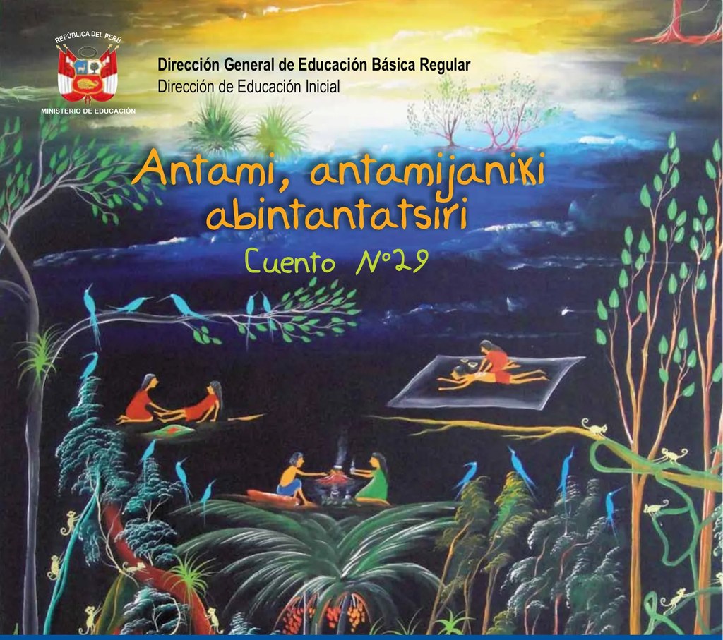 Ilustración de un paisaje natural con figuras humanas (un hombre en una canoa, personas junto a un fuego) bajo un cielo azul oscuro, sugiriendo la ambientación del cuento.