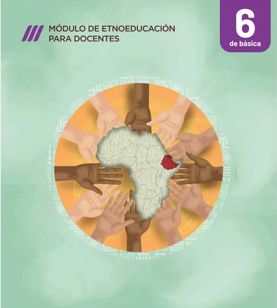 Ilustración circular con manos de distintos tonos de piel rodeando un mapa del continente africano, con Etiopía resaltada en rojo. Fondo verde agua con patrones decorativos étnicos.