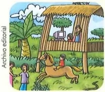 Dos paisajes ecuatorianos: kiosco rural con caballo y playa con barcos.