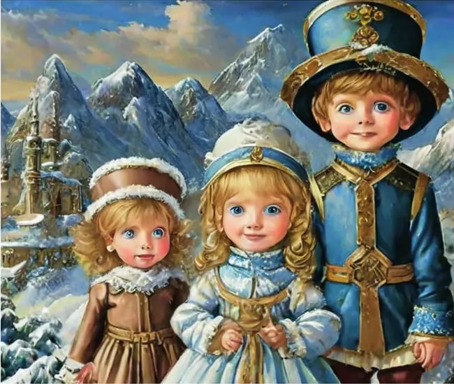 Ilustración de tres niños europeos vestidos con abrigos invernales (azul y marrón) y sombreros, con montañas nevadas al fondo.