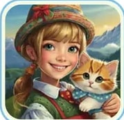 Cinco viñetas circulares con bordes celestes en una fila: (1) niña con gorrito rojo y gatita anaranjada al cuello en paisaje montañoso, (2) gatita anaranjada sola en una ciudad iluminada, (3) niño con chubasquero amarillo y mochila con gatita pequeña en la calle, (4) gatita anaranjada con una ciudad al atardecer al fondo, (5) gatita anaranjada junto a un tazón en un campo florido.