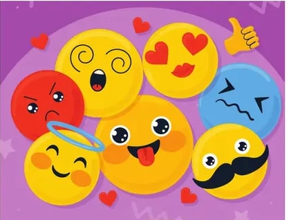 Collage de emojis sobre fondo morado: cara mareada, enamorada, enfadada (roja), angelical, sonriente con lengua afuera, con bigote y guiño; corazones y manos como decoración.