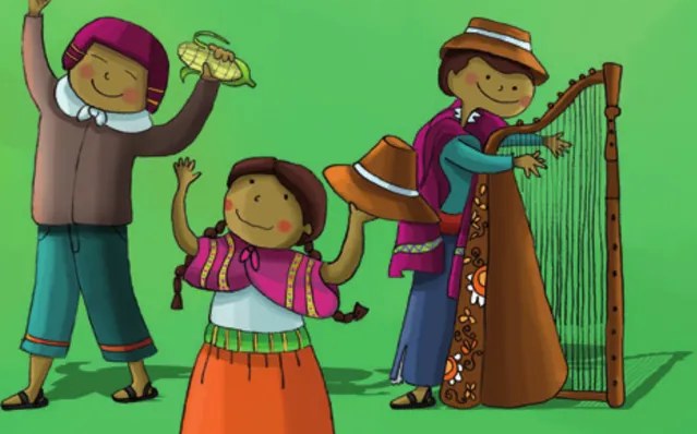 Tres niños/jóvenes en ropa tradicional andina: una niña con sombrero y manta colorida, un niño levantando la mano, y otro niño tocando un arpa. Celebran el hatun punchaw.