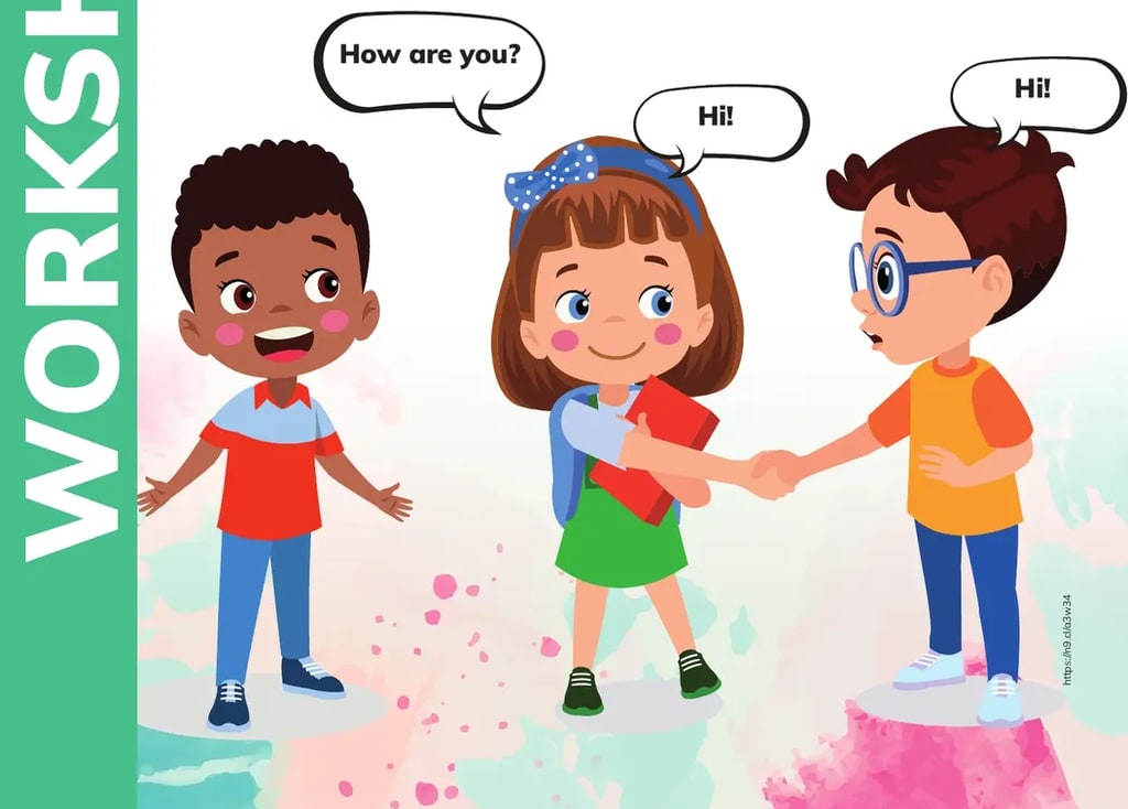 Tres niños saludándose: un niño afroamericano con camiseta roja, una niña con vestido verde y diadema azul sosteniendo un libro rojo y dándose la mano con un niño con gafas y camiseta naranja. Bocadillos: 'How are you?' y 'Hi!' x2.