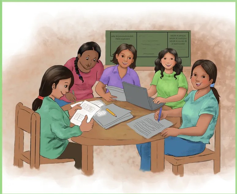 Ilustración de cinco docentes mujeres sentadas alrededor de una mesa redonda, colaborando con documentos, cuadernos y una laptop. Al fondo, una pizarra con información de planificación. Representa el trabajo colegiado docente en el nivel inicial.