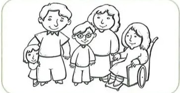 Cuatro ilustraciones de familias diversas en blanco y negro para colorear.