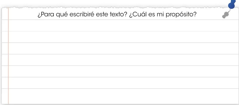Cuadro de planificación con líneas en blanco y el encabezado '¿Para qué escribiré este texto? ¿Cuál es mi propósito?' con una chincheta decorativa en la esquina superior derecha.