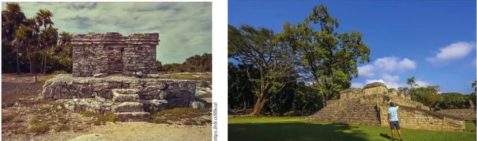 Foto de ruinas con un visitante apreciándolas.
