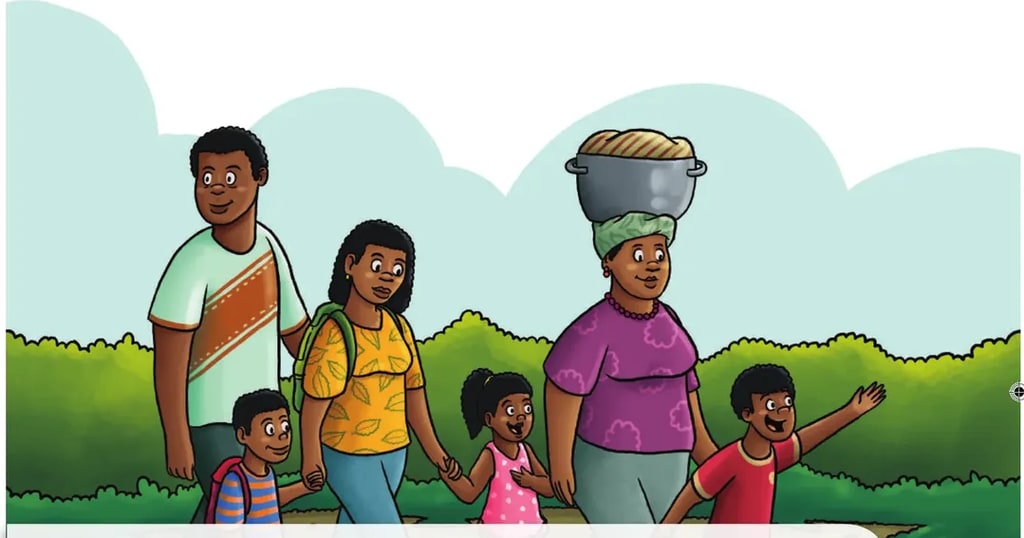 Ilustración de una familia afroecuatoriana caminando: padre, madre, niño, niña y otra mujer (¿abuela?) cargando una olla en la cabeza, simbolizando movilidad y vida cotidiana.