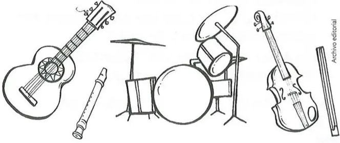 Instrumentos musicales: tambor, batería, violín, guitarra.