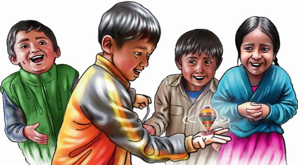 Imagen decorativa pequeña de un zumbayllu (trompo de colores) girando con estela de movimiento.