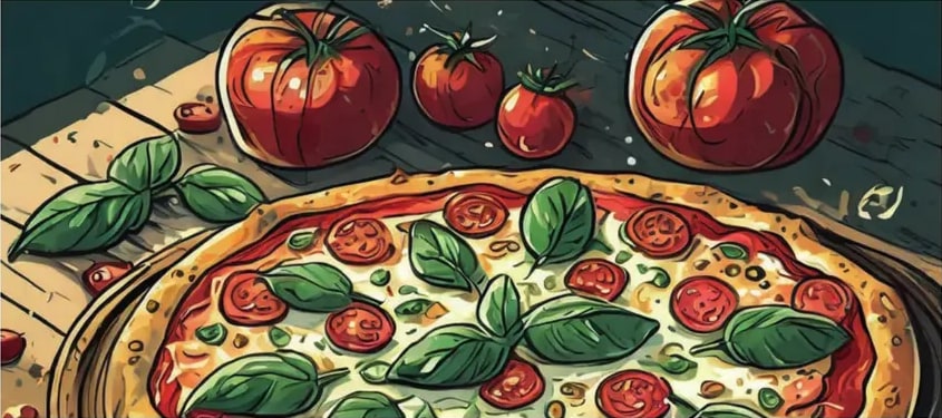 Fotografía de una pizza completa con tomates, queso derretido y rodajas frescas de tomate al lado.