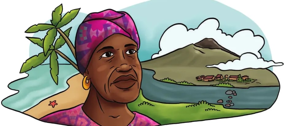 Ilustración de una mujer afroecuatoriana mayor con turbante morado y vestido floreado, sosteniendo un racimo de plátanos verdes. Detrás se ve un paisaje con manglar, río y dos montañas (probable referencia a las regiones costeras y al volcán visible desde el norte de Esmeraldas). El sello 'U2' (Unidad 2) aparece en círculo rojo en la esquina inferior izquierda.
