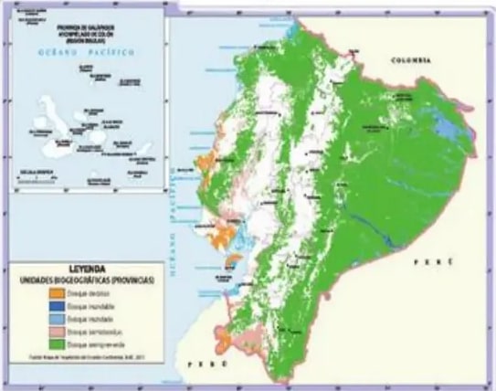 Mapa de bosques del Ecuador con leyenda de unidades biogeográficas.