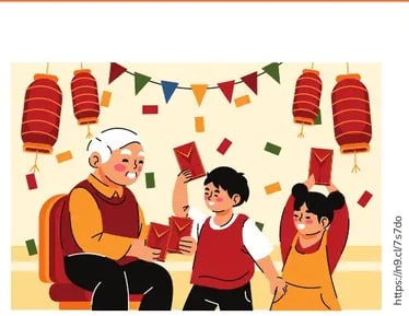 Abuelo asiático sentado entregando sobres rojos a dos niños bajo decoraciones de faroles y banderines.